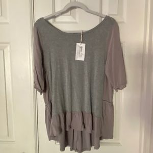 NWT Grace & Lace S Ruffled Dressy Tee, 2 tones & 2 Fabrics in Grey, Tiered Back